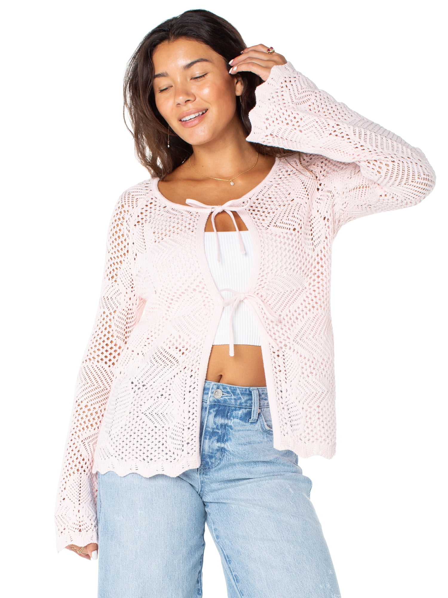 Celebrity Pink Women's Long Tie Front Crochet Cardigan, Sizes XS-XXXL