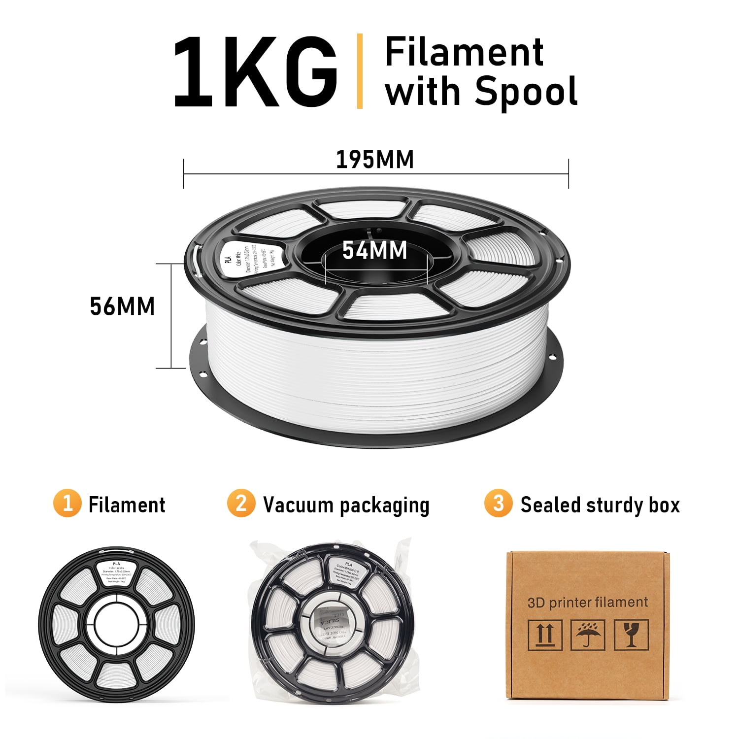 White PLA 3D Printer Filament 1.75mm, 1KG Spool, +/- 0.02mm Dimensional Accuracy, No-Clogging & Easy to Print,Works With 99% Of FDM 3d Printers