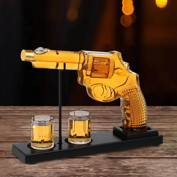 Fiudx Juego de Decantador de Whisky, Decantador de Licor de Vidrio Sin Plomo con 2 Vasos, Diseño Único de Revólver, Experiencia de Sorbo Suave, Regalo Perfecto para Él, Esposo, Padre, Capacidad de 30