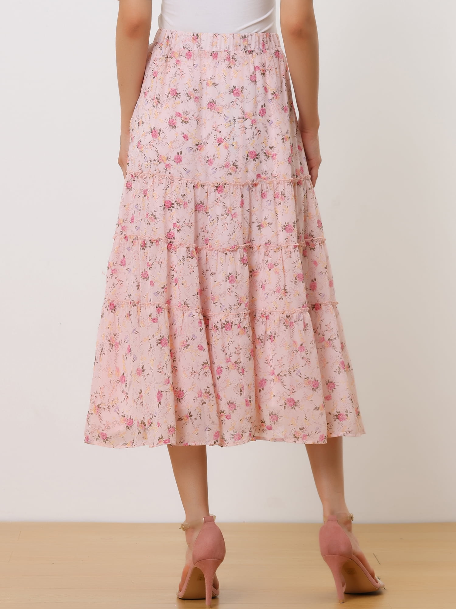 DARING DIVA Women's Chiffon Tiered A-Line Maxi Skirt 2XL Pink