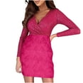 thumbnail image 2 of ClodeEU Women's Sequin V Neck Long Sleeve Dress ,Glitter Jumper Dresses Wrap Ruched Bodycon Mini Dress Hot Pink,Womens Plus M, 2 of 5