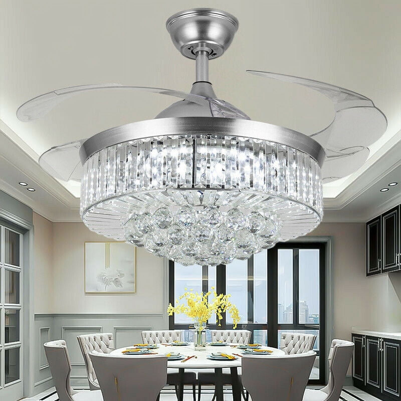 EASYG 42" Silver LED Invisable Ceiling Fan Lamp Crystal Lighting Remote Chandeliers