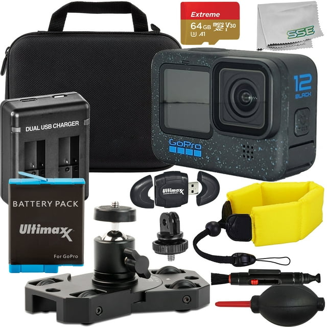 Ultimaxx Essential GoPro Hero 12 Ensemble - Comprend : Carte Mémoire Micro Extrême 64 Go, Mini Caméra Portable en Métal et Plus (Ensemble de 17 Pcs)