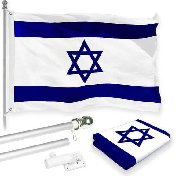 G128 Combo Pack: 6FT Silver Tangle-Free Flagpole & Israel Flag 3x5FT 150D Polyester w/ Grommets