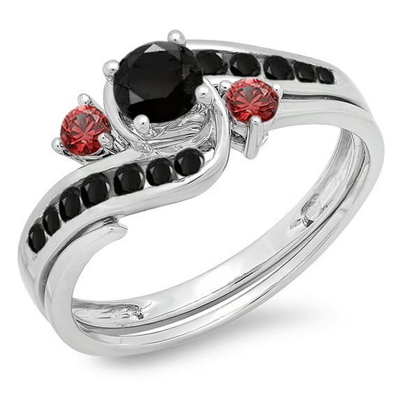 Dazzlingrock Collection 10K Black Diamond & Red Ruby Side Stones Ladies Swirl Bridal Engagement Ring Set, White Gold, Size 8.5