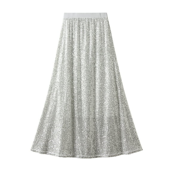 Lamuusaa Women's Summer Midi Skirt Slim A-line Skirt High Waist Elastic Band Sequins Skirt