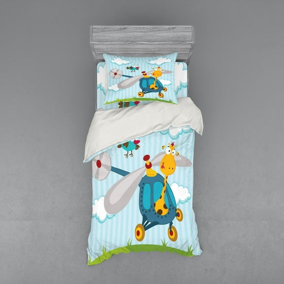 Ambesonne Cartoon Bedding Set 3 Pcs, Funny Giraffe and Bird, Twin XL, Blue Yellow Green