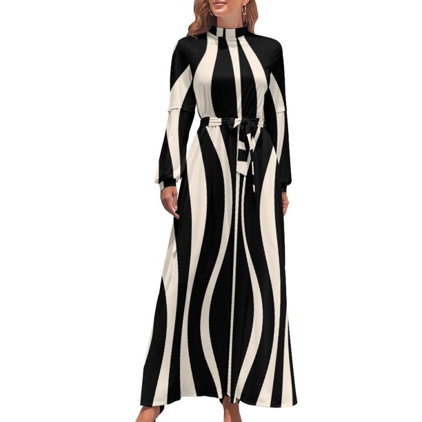 Vestido largo holgado de verano con estampado retro moderno de mediados de siglo y abstracto en color crema almendra y negro