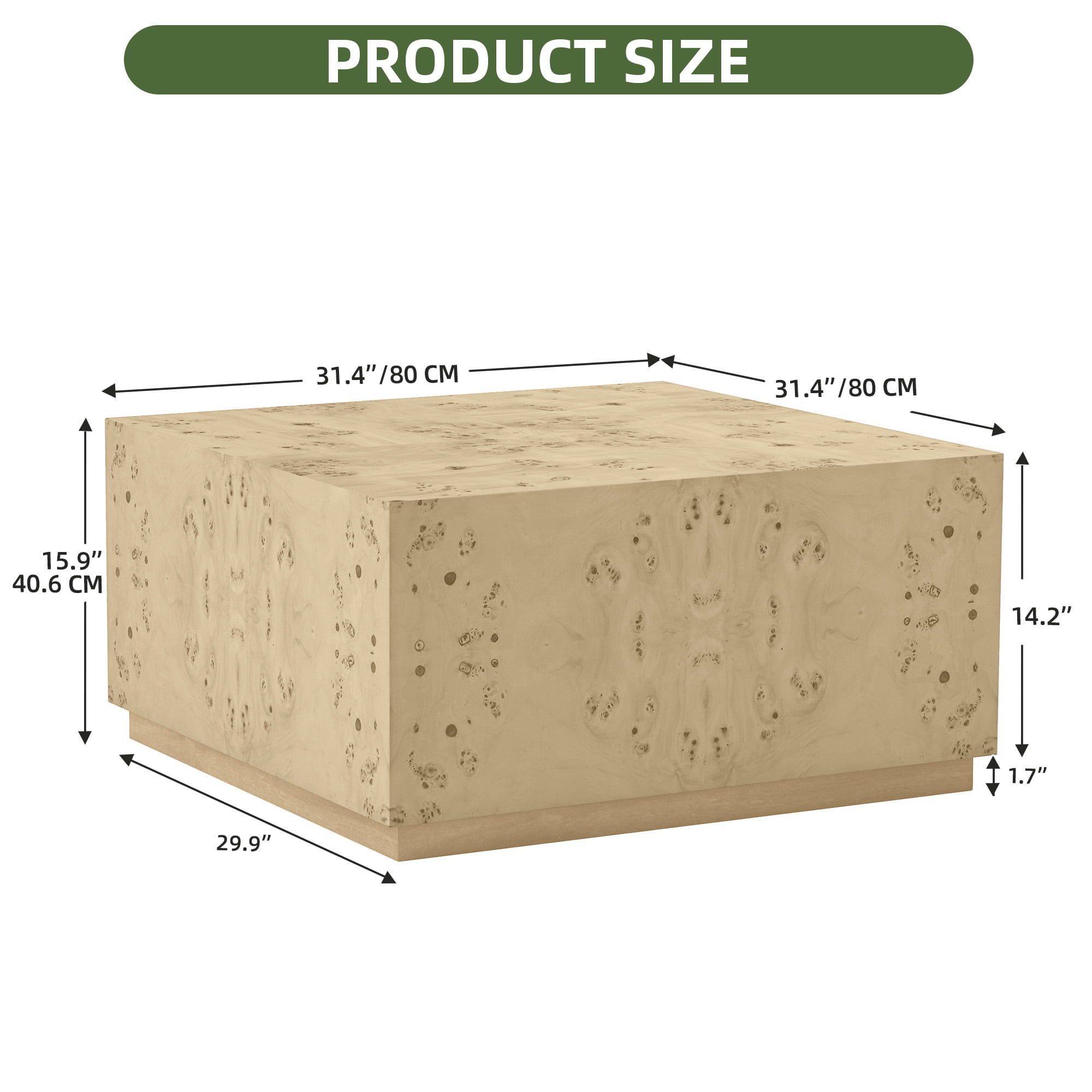 Uforic Minster Square Coffee Table, Exquisite Burl Wood Craftsmanship, Unique Grain Patterns, Modern Aesthetic, Spacious Surface, and No Assembly Required