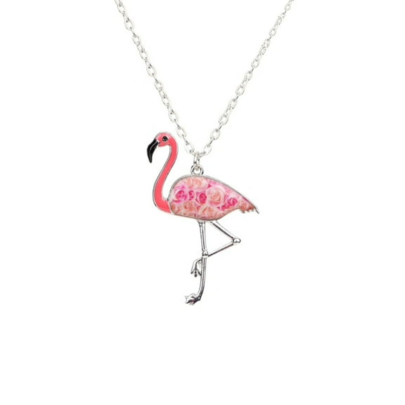 Pink Floral Flamingo Pendant Necklace