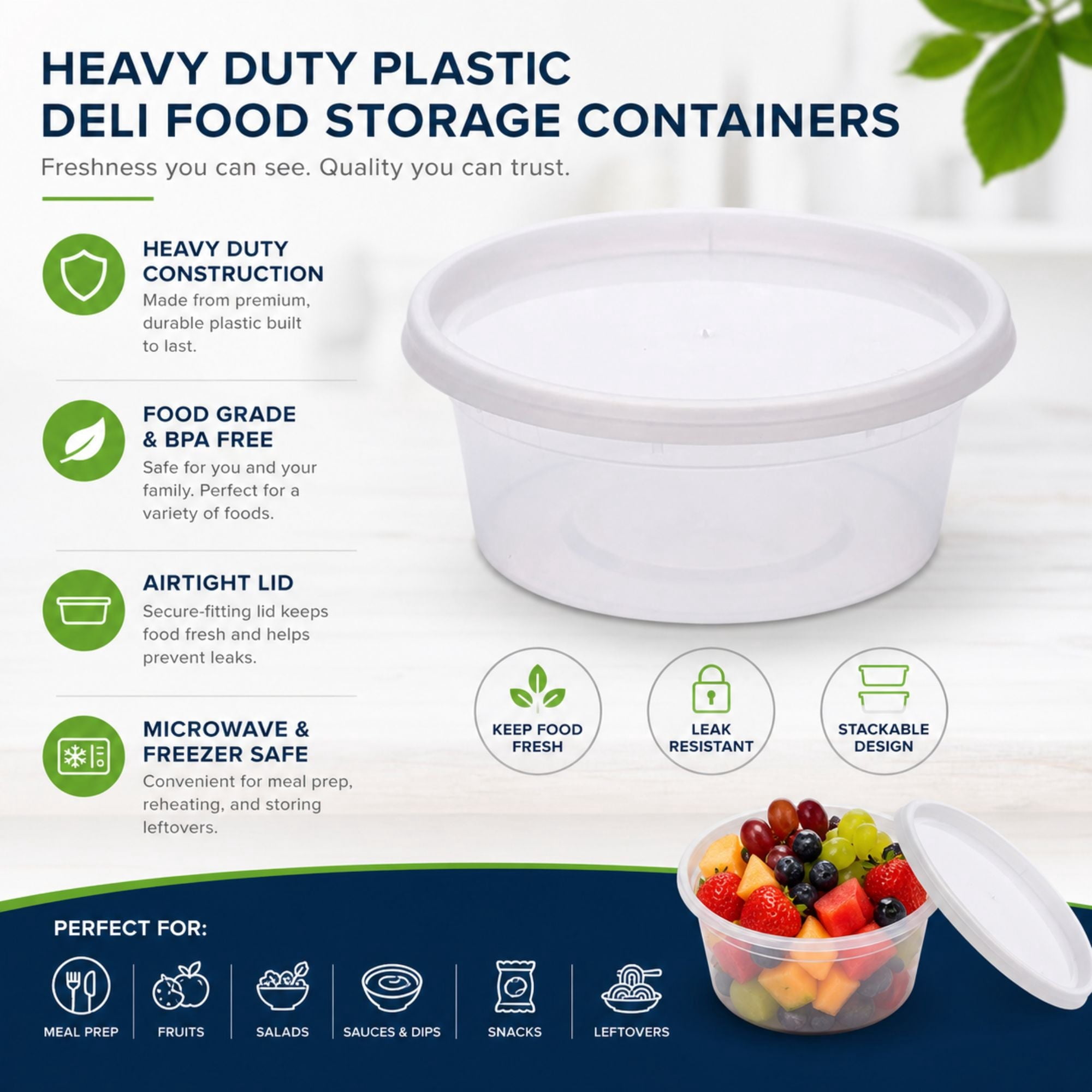 Heavy Duty 8 Oz Deli Food Storage Containers with Airtight Lids, BPA Free Leak Proof Plastic Meal Prep Containers, Clear, Set of 120