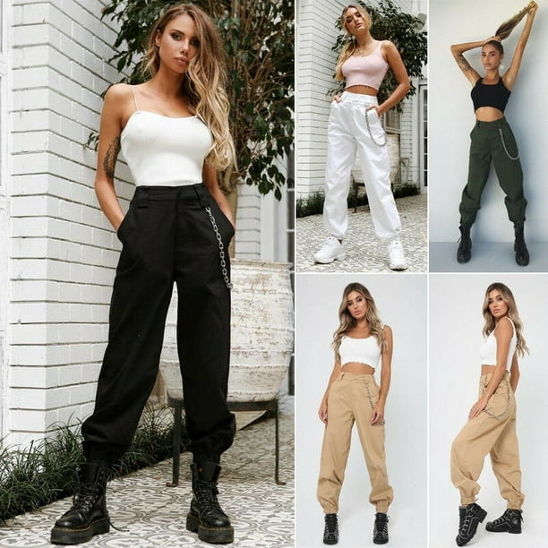 Cool Girl Women Lady Causal Loose Hip Hop Pants High Waist Cargo Baggy  Harem Trousers With Chain