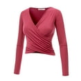 thumbnail image 2 of Made by Johnny Women's Deep V Neck Long Sleeve Cross Wrap Fitted Crop Top S CORAL, 2 of 6