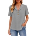 thumbnail image 6 of Yrmaups Loose Fit Short Sleeve Button Down Blouse for Women, Casual Collared Top, Soft Stretch Tee for Beach Travel Office Everyday Wear, Gray M, 6 of 6