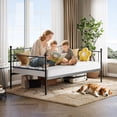 thumbnail image 4 of Twin Heart-Shaped Metal Daybed with Trundle, Heavy-Duty Steel Slat Support. Convertible Sofa Bed for Living/Bedroom/Guest Room, Stylish & Sturdy, Easy Assembly- Black, Single Sofa Bed, 4 of 7