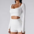 thumbnail image 3 of SWSMCLT Women's Long Sleeve Crop Top Quick Dry Halter Strappy Padded Gym Tshirt with Built-in Bra Yoga Shirt Ribbed Workout Cropped Top White 8, 3 of 4