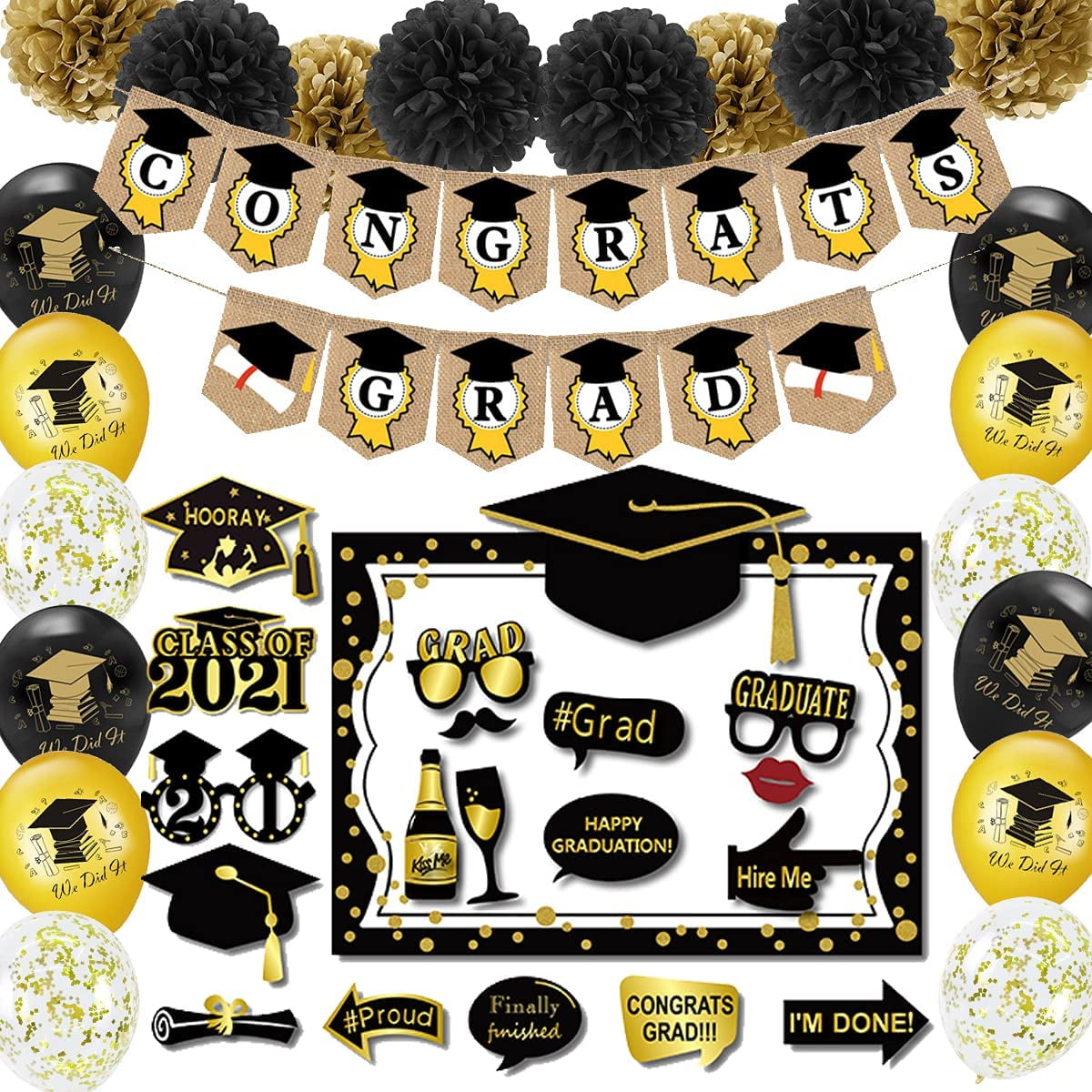 Black and Gold Graduation Decorations 2021 including Congrats Grad ...