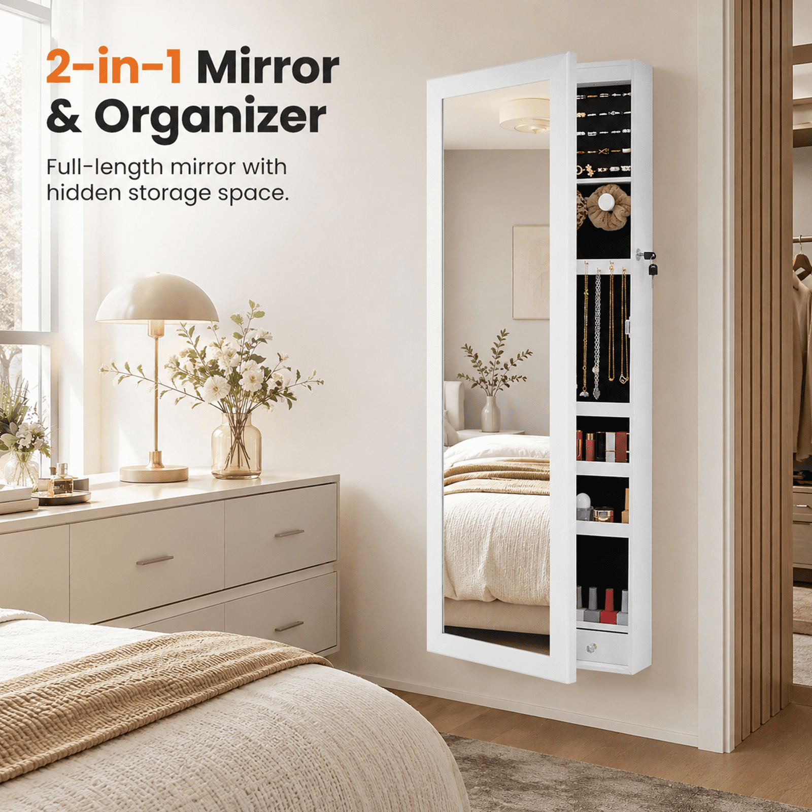 Alvantor Wall/Door Mount LED Mirror Jewelry Organizers and Storage, Lockable Makeup Storage Cabinet, White
