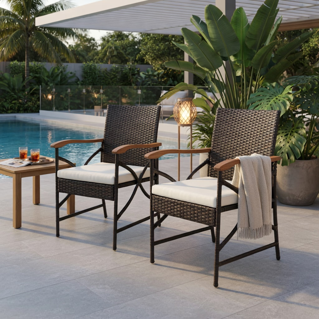 Hommoo 2-Pack Modern PE Rattan Patio Dining Chairs with Off-White Zippered Cushions, Ergonomic Wicker Outdoor Chairs for Backyard, Porch & Poolside, Brown