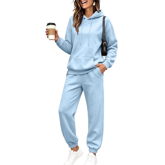 Garbnen Fleece Sweatsuits 2pcs Sets Womens Solid Hoodie Jogger Pants Set Warm Plush Matching Sweat Sets Women Clothing Sky Blue M