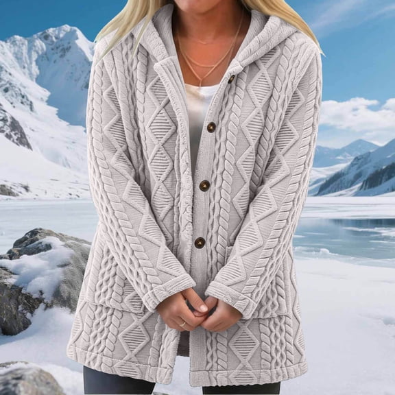 Women's Fuzzy Fleece Hooded Coat , Button Front Long Sleeve Loose Mid Length Loungewear Cardigan Winter Warm Jacket with Pockets Gray L