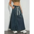 thumbnail image 5 of Rdhnmea Women's Denim Long Skirts Elastic Drawstring High Waist A Line Maxi Flare Jean Skirt with Pockets Summer Spring Y2k Streetwear, 5 of 9