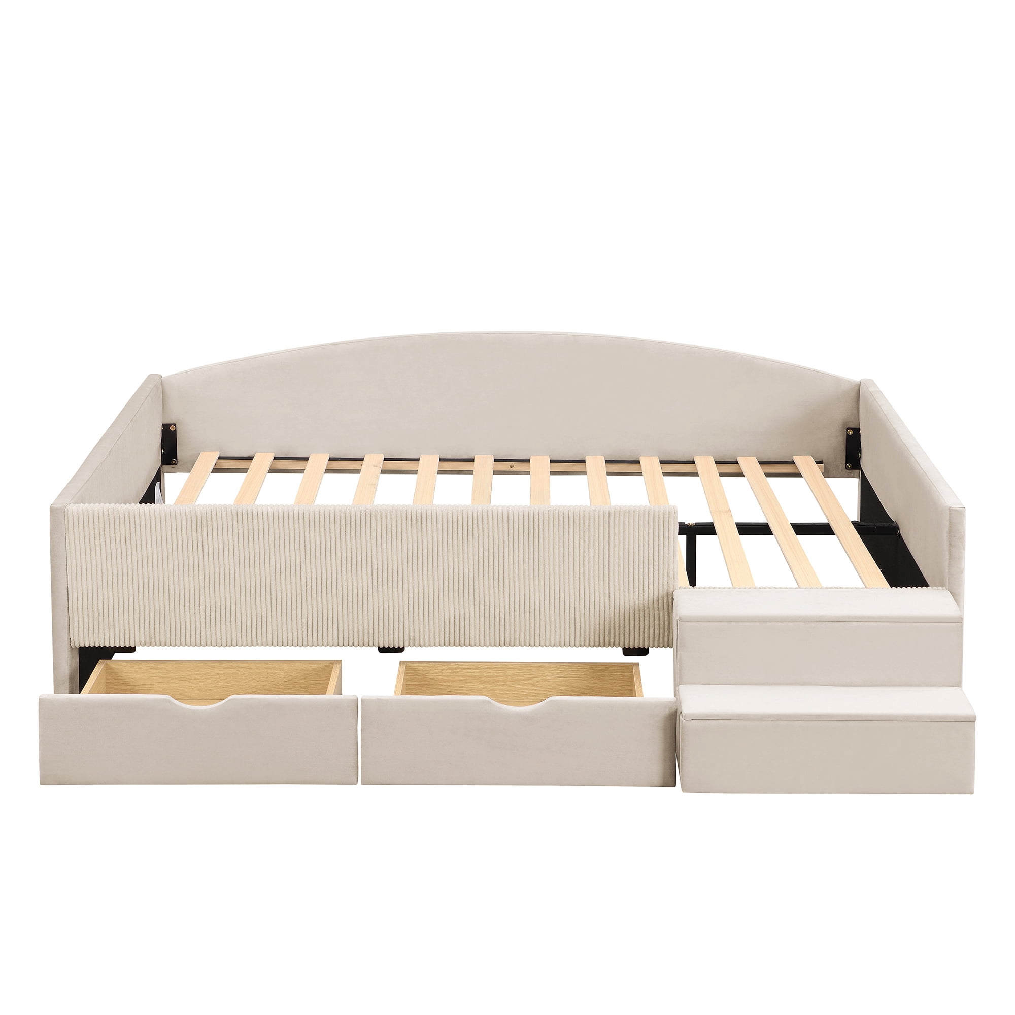 Mintazer Full Size Cute Upholstered Floor Daybed Frame with Safety Guardrail & 2 Storage Drawers & Stairs for Teens Kids, Beige