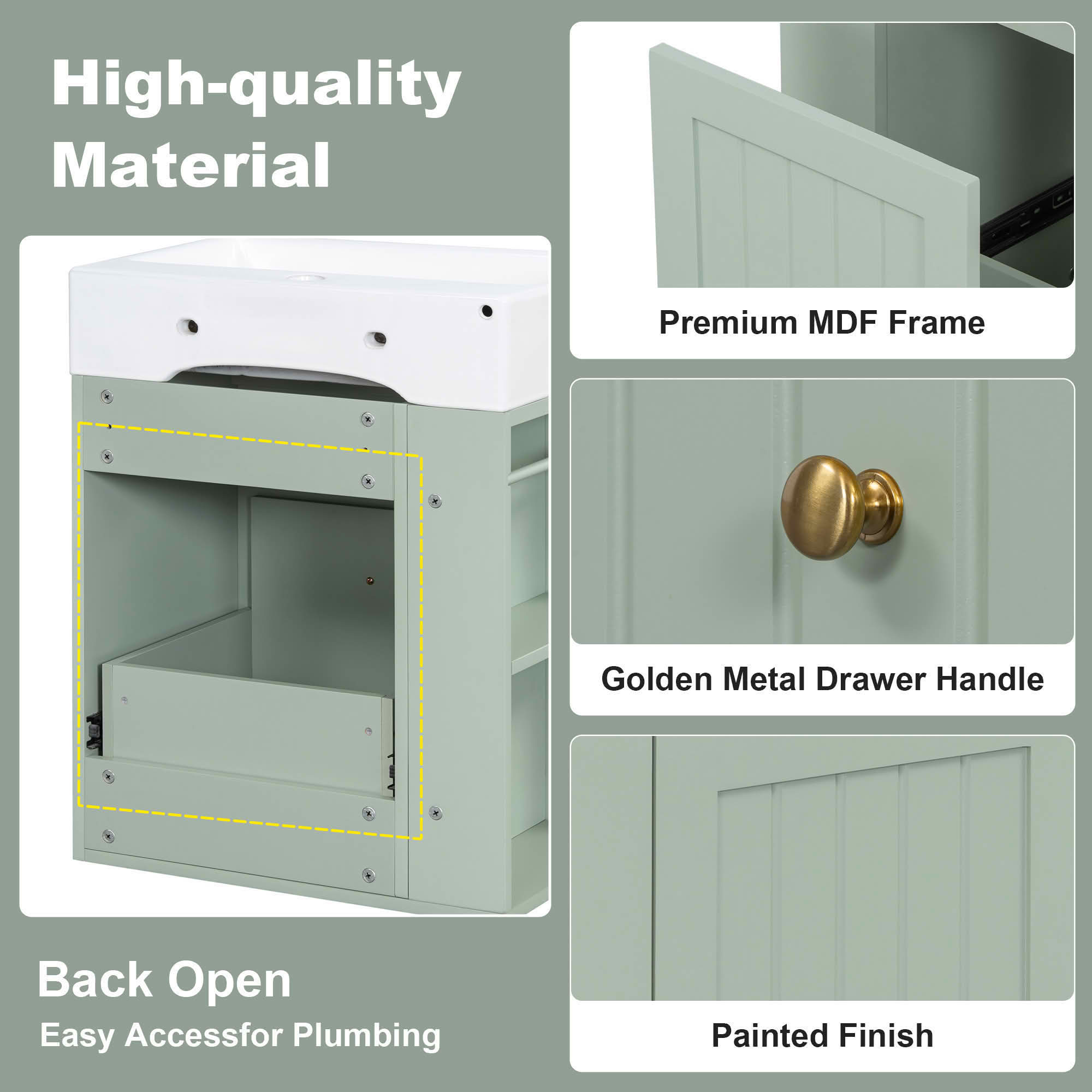 MAYEERTY 20" Bathroom Vanity Ceramic Sink MDF Storage Drawer Side Shelf Golden Handle Small Bathroom