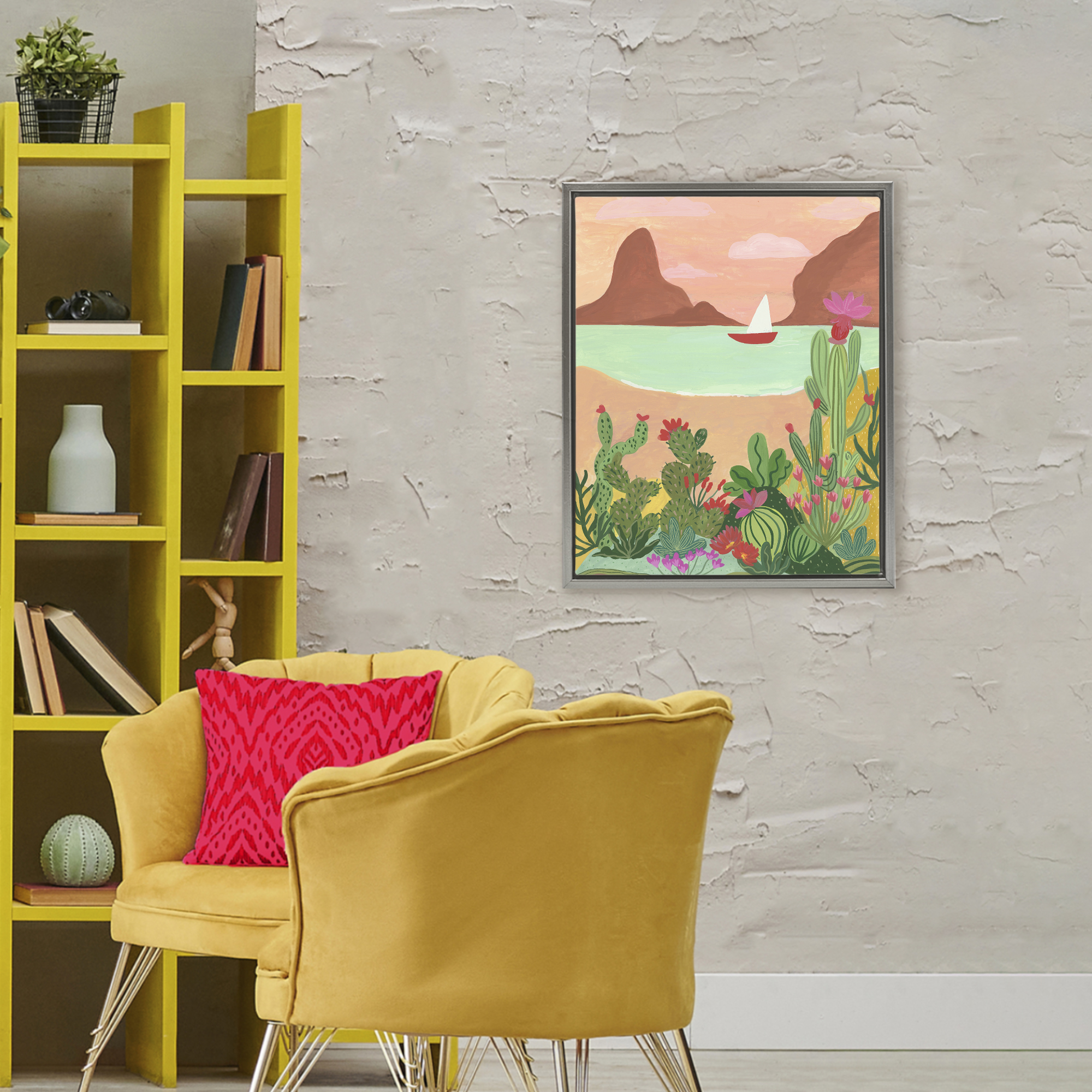 Desert Oasis Boat Gray Framed Floater Canvas Wall Art, design by Nabeela Rumi