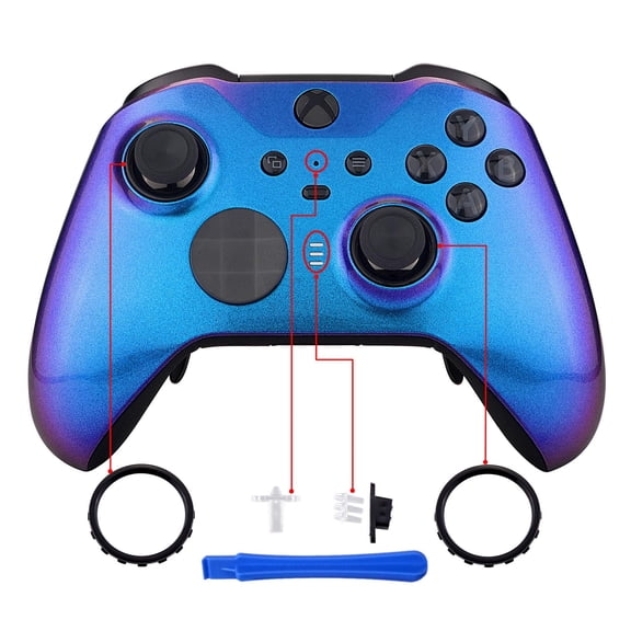eXtremeRate Chameleon Purple Blue Faceplate Cover, Glossy Front Housing Shell Case Replacement Kit for Xbox One Elite Series 2 Controller Model 1797 - Thumbstick Accent Rings Included
