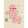 thumbnail image 2 of Toddler Girl Summer Outfit Solid Color Hooded Short Sleeve T-Shirts Tops and Shorts Set, 2 of 8