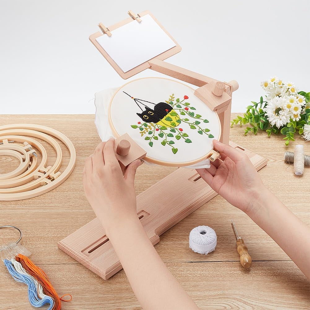 Adjustable Embroidery Hoop Holder with 6 Sizes Stitch Embroidery Hoops 360 Degrees Rotated Stitch Stand Wooden Embroidery Hoop Holder for Stitch and Embroidery Project