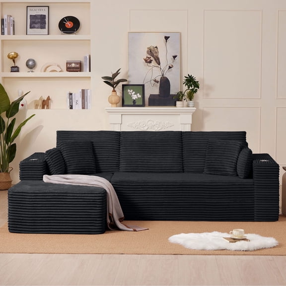 102" L-Shaped Modular Sectional Sofa with Chaise and 4 Throw Pillows, 3 Seater Comfy Corduroy Fluffy Couch,Boneless Couch with Deep Seat and 2 Cup Holders for Living Room,Apartment,Office,No Assembly