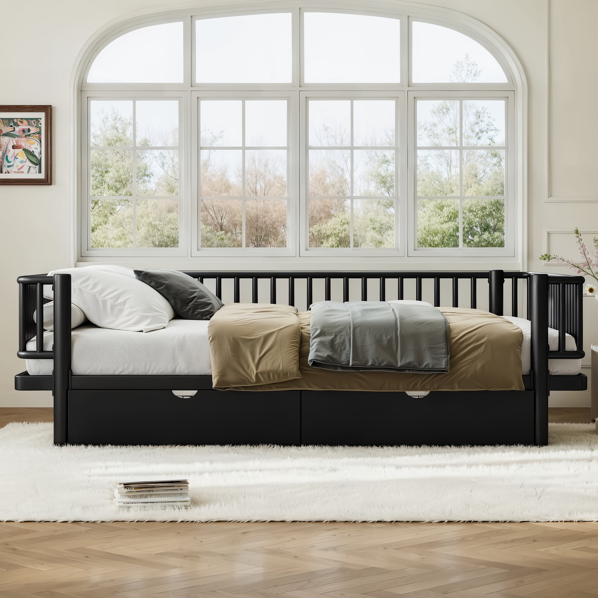 Leumius Queen Size Platform Bed Frame with Storage Drawers, Metal Daybed Frame with Upgraded Safety Round-Pipe Design, Low Profile Design for Teens Adults Black