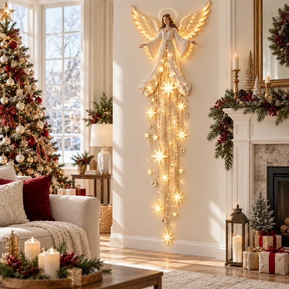 Angel Blessing Wall Light, 3D LED Lighted Resin Angel Wall Decor with Starfall Lights, Religious Christmas Gift Hanging Decoration for Living Room Entryway,1PCS