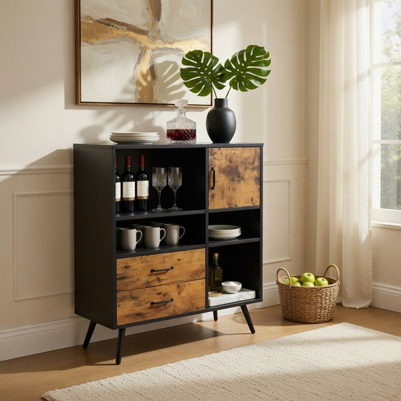 Demi Bonn Kitchen Storage Cabinet, Buffet Sideboard,dustrial Buffet Sideboard Kitchen Cupboard with Cubbies Drawers, for Dining Room, Kitchen, Living Room, Rustic Brown