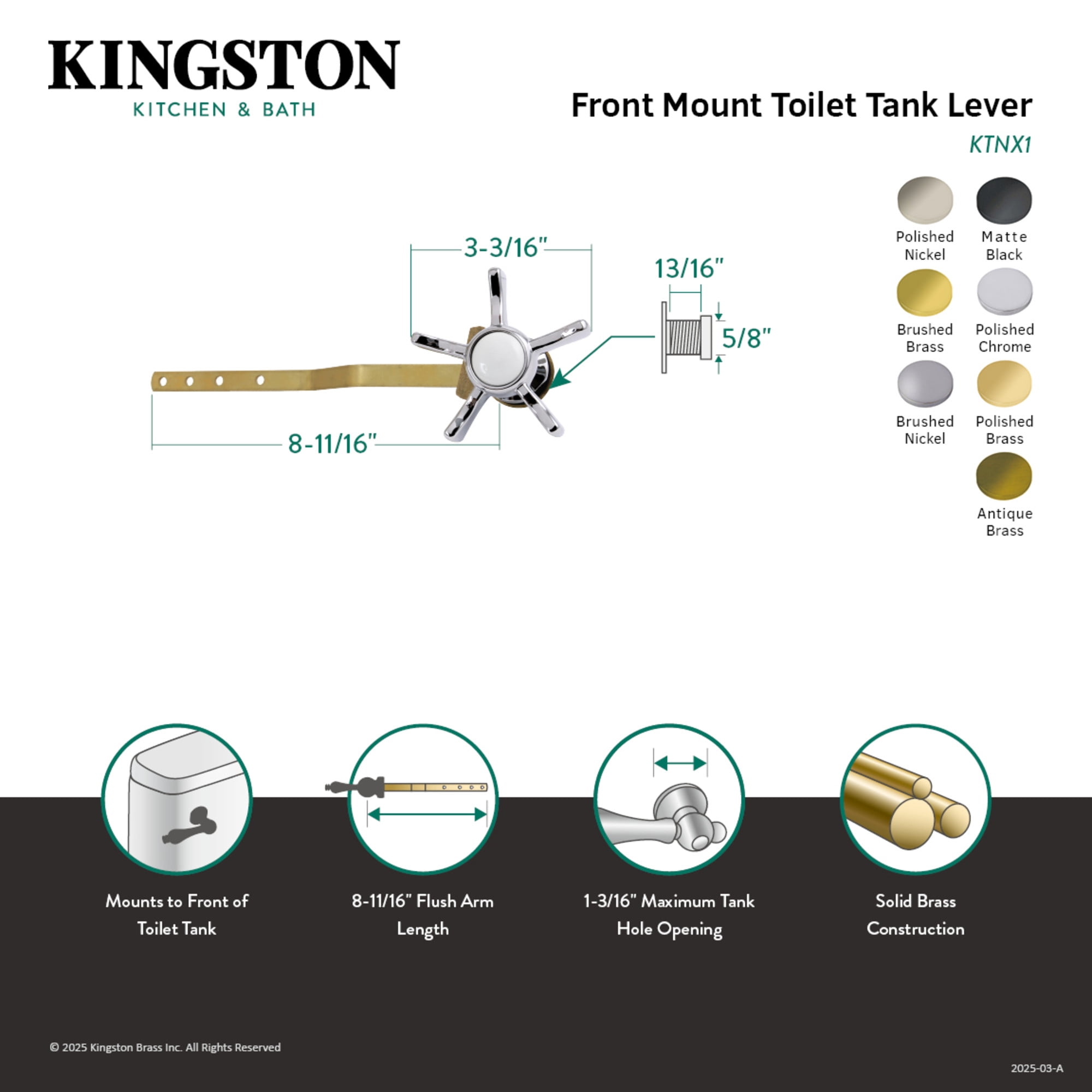 Kingston Brass KTNX2 Hamilton Front Mount Toilet Tank Lever in Polished Brass