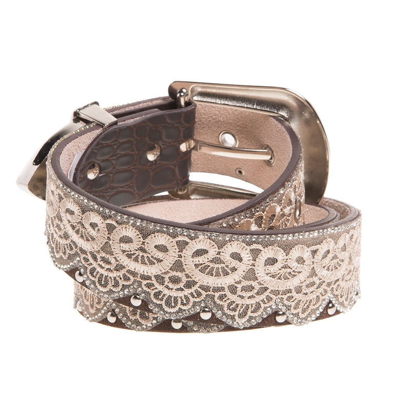 3254 Women\'s Rhinestones Embossed Leather Belt, Brown Sterling & Stitch Embossed Glitz Belt - Women main image 2