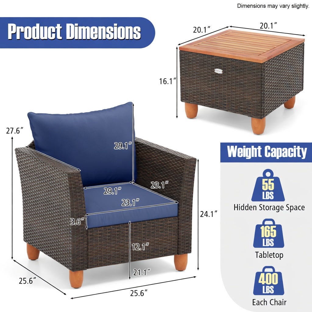 Hommoo 3-Piece Outdoor PE Wicker Patio Furniture Set with Navy Cushions, Acacia Wood Storage Coffee Table & Heavy-Duty Metal Frame, Navy