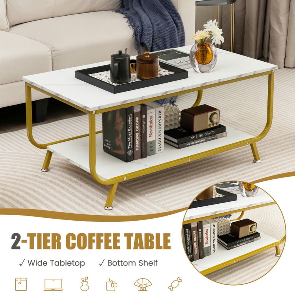 Finihen Coffee Table, Faux Marble Coffee Table, 2-Tier Faux Marble Top Rectangular Coffee Table with Metal Frame, for Living Room, Reception Room, White Finihen Coffee Table, Faux Marble Coffee Table, 2-Tier Faux Marble Top Rectangular Coffee Table with Metal Frame, for Living Room, Reception Room, White