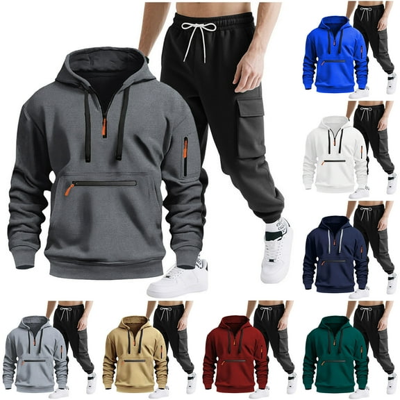 Txeol Fleece Lined Men Tracksuit Set 2 Piece Sets - Tactical Quarter Zip Pullover Hoodies Matching Cargo Joggers with Pockets Fall Winter Outdoor Athletic Sweatsuits XL Navy