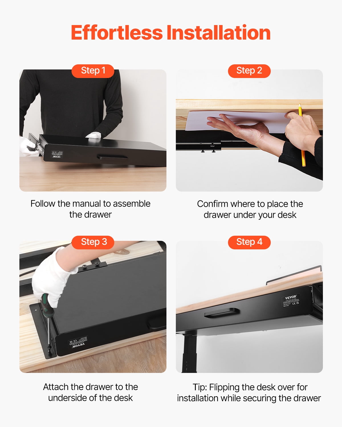 VEVOR 22 Inch Wide Under Desk Drawer Slide Out,Under Desk Mount Pull Out Drawer Attachment, Hidden Desk top Storage Organizer,Under Table Pencil Drawer for Office Home Sit Stand Workstation,25x9x3In