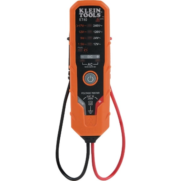 Klein Tools ET40 Digital AC/DC Voltage Tester, 12-240V AC, 1.5-24V DC, LED Illumination, DC Polarity, Auto Off, CAT III 250V-Class 2- Double Insulation, IP41 Dust and Water Resistant