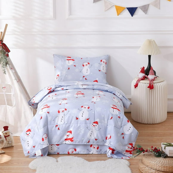 Juego de ropa de cama para niños pequeños JSD Muñeco de nieve azul 4 piezas microfibra