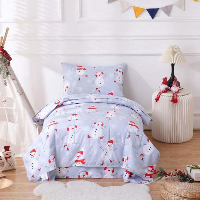 Juego de ropa de cama para niños pequeños JSD Muñeco de nieve azul 4 piezas microfibra