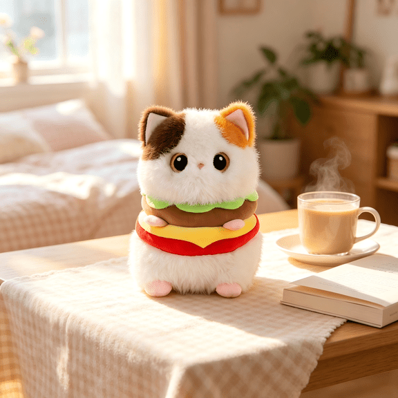 Burger Cat Plush Stuffed Toy, Adorable Kitten Sandwich Soft Cuddle Decorative Pillow for Home Decor and Display Use