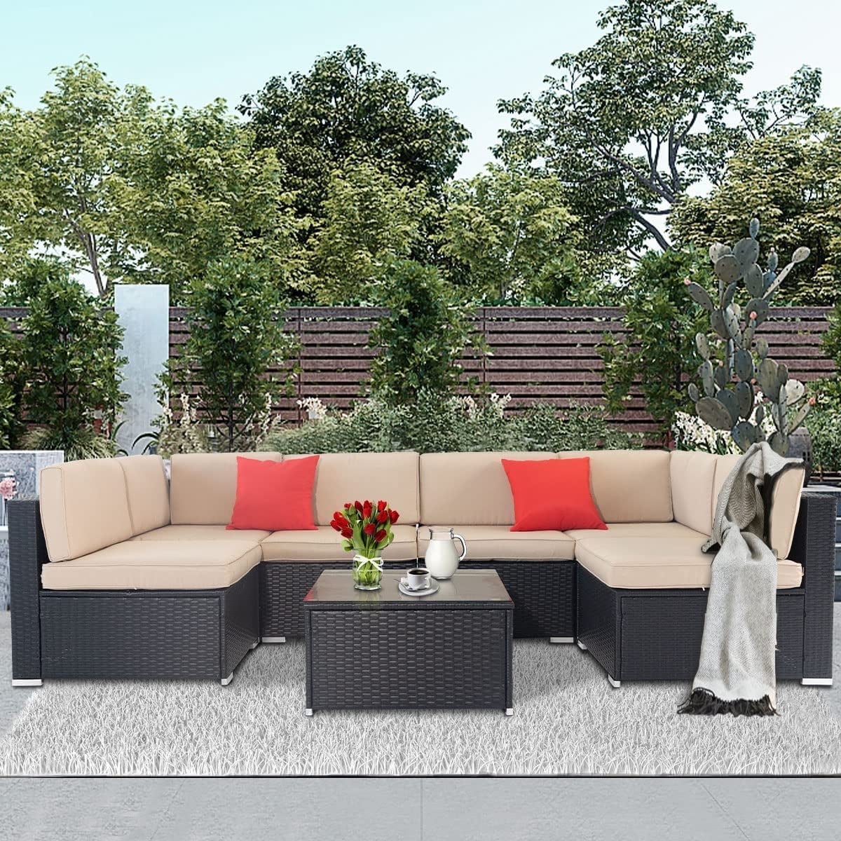 SOLAURA 7-Piece Outdoor Patio Furniture Set Black Wicker Rattan Sectional Sofa, Brown