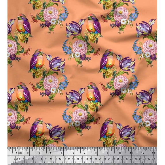 Soimoi Orange Japan Crepe Satin Fabric Leaves,Floral & American Robin Bird Decor Fabric Printed BTY 42 Inch Wide