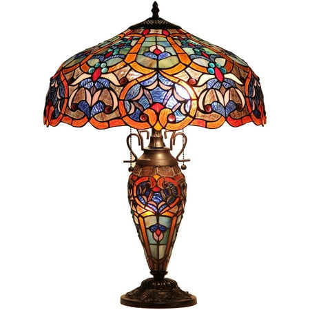 Tiffany Style Shade Chloe Lighting Sadie Tiffany-Style 3-Light Victorian Double Lit Table Lamp with 18