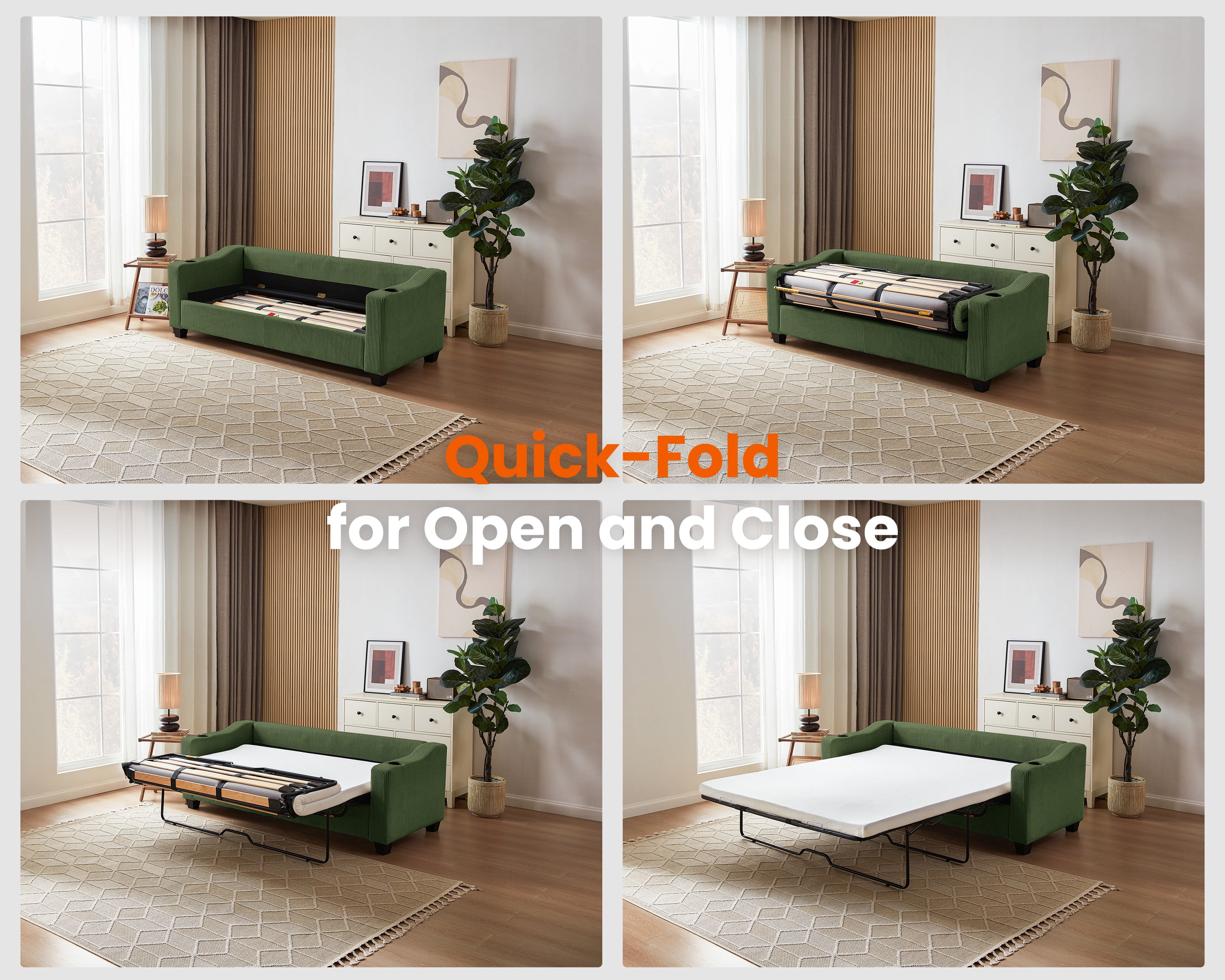 CHIC HOUSE Pull Out Sofa Bed Couch Queen Size with Mattress USB, Convertible Sleeper Sofa Loveseat for Small Spaces RV, Corduroy Pull Out Couch Bed for Living Room with Cup Holders LED Lights, Green